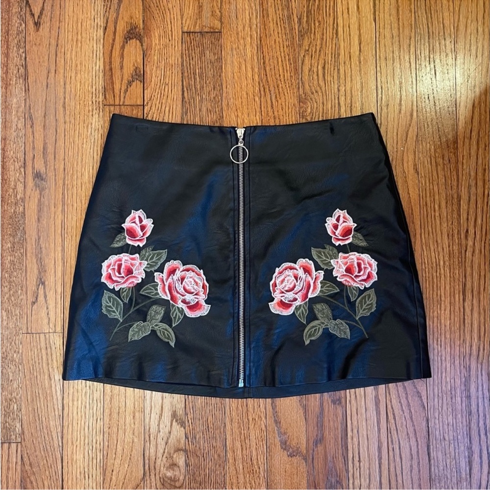 Floral Embroidered Faux Leather Mini Skirt